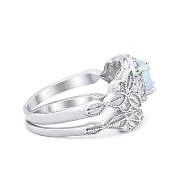 Art Deco Vintage Style Bridal Ring Piece Lab Created White Opal 925 Sterling Silver